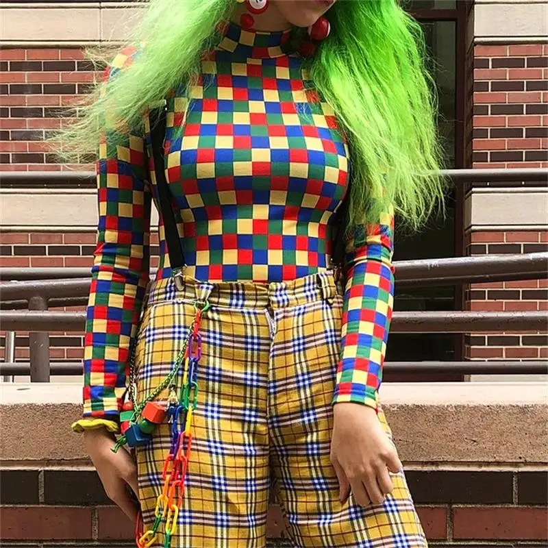 InstaHot Colorful Mock Neck Plaid Bodysuits Women Long Sleeve Checkered Print Elastic Skinny Bodysuit Sexy Streetwear 2019 Tops