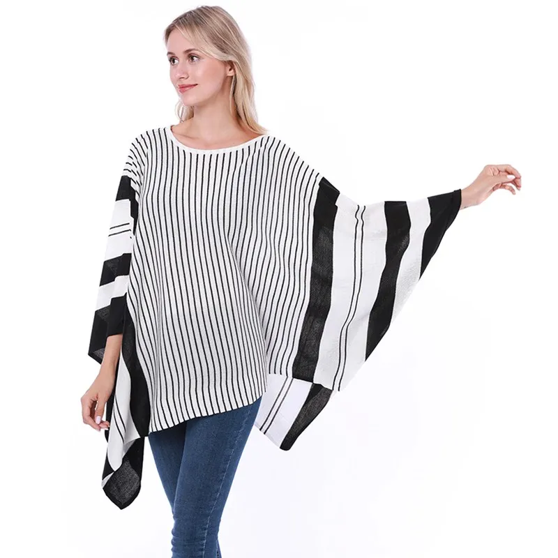 New Style Woman Fashion Poncho Kintted Sweater Plus Size Pullover Women Shawl Stripe Poncho For Lady Winter Coat