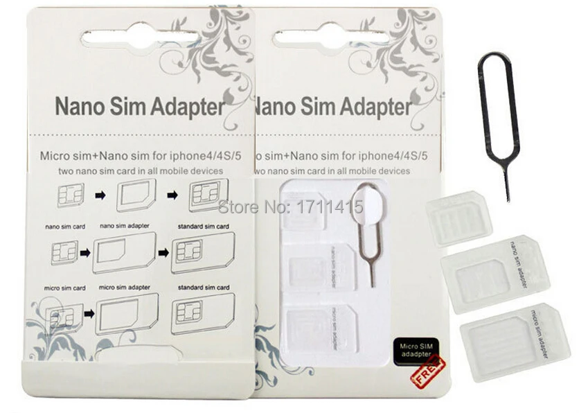 4 в 1 Nano SIM к адаптерам Micro/standard Card Adaptors для iPhone 5 4S 4 для iPhone5 с розничной упаковкой Eject SIM карта Pin