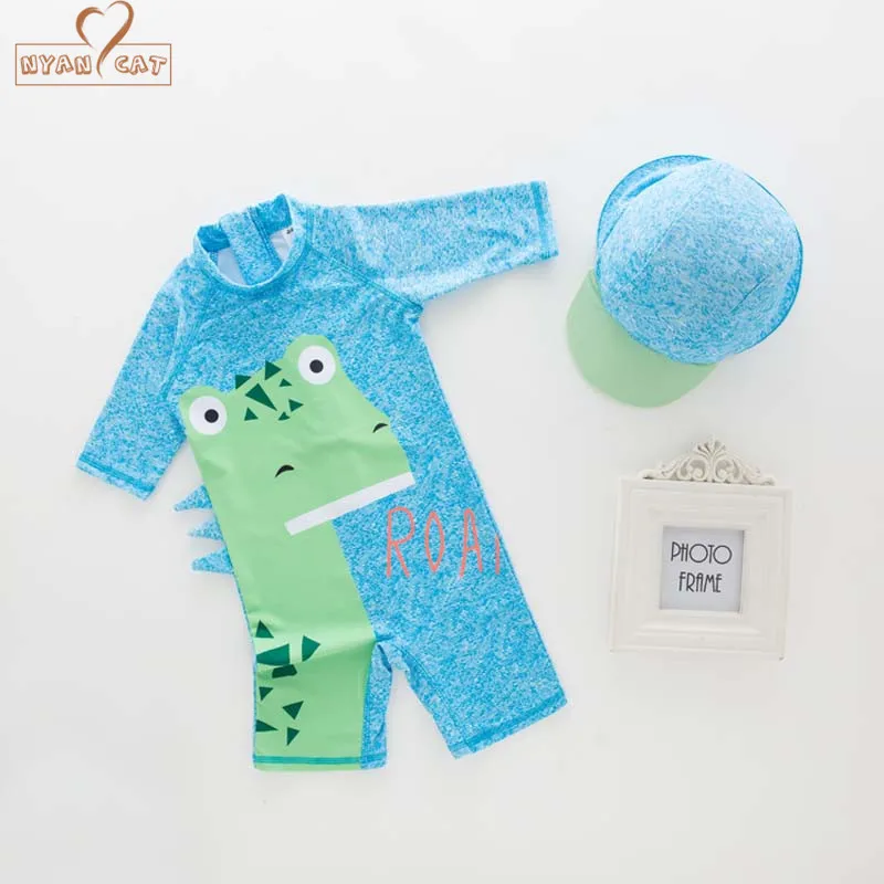 Летний купальник для маленького мальчика+ шляпа, комплект из 2 предметов, милый голубой динозавр, купальный костюм для малышей, Детские Мультяшные купальники