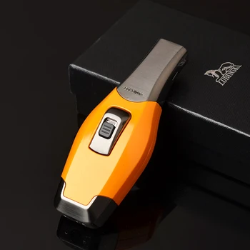 

Beautiful Gadgets Yellow Metal Vigorous Windproof Double Torch Jet Flame Cigar Gas Lighter W/ Gift Box
