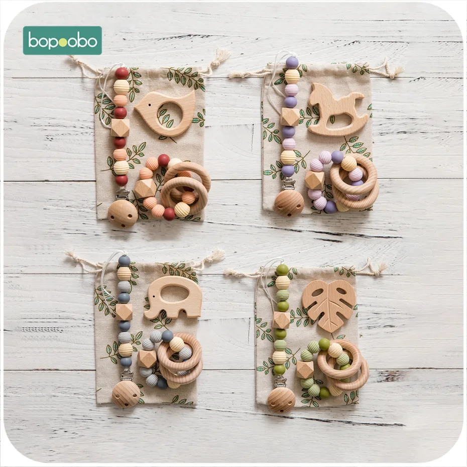 Bopoobo 3Pc/Set Silicone Beads Baby Teether Necklace Round Wooden Beads Pendant For Nursing Pacifier Chain Clips Baby Products