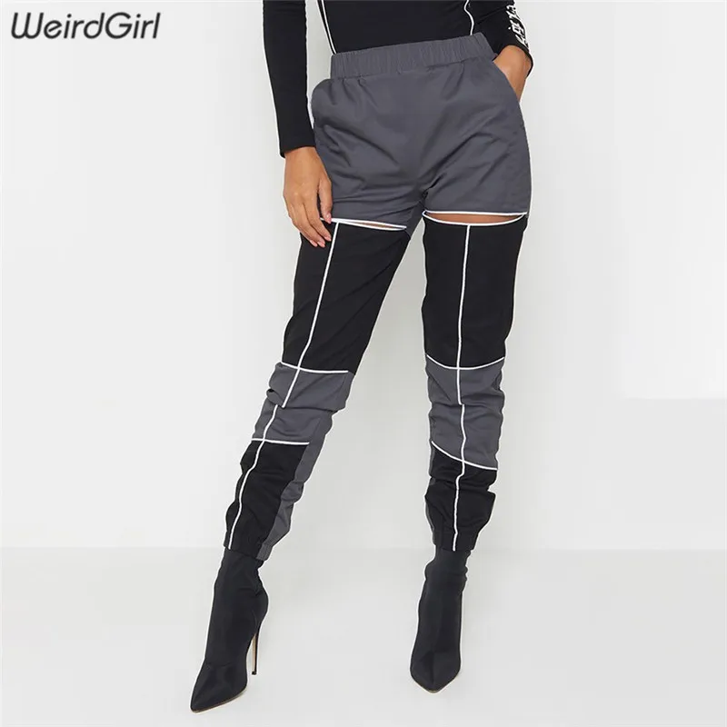 Weirdgirl women reflective striped casual pants fashion streetwear patchwork high waist cargo pant lady long trousers summer new Weirdgirl women reflective striped casual pants fashion streetwear patchwork high waist cargo pant lady long trousers summer new