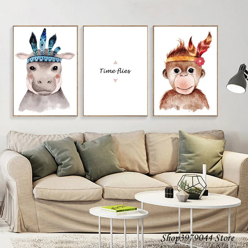 Pop Art Print Hippo Pintura Cartoon Poster Nordic Animals Posters And Prints Giraffe Canvas Painting Monkey Home Decor Unframed | Дом и сад