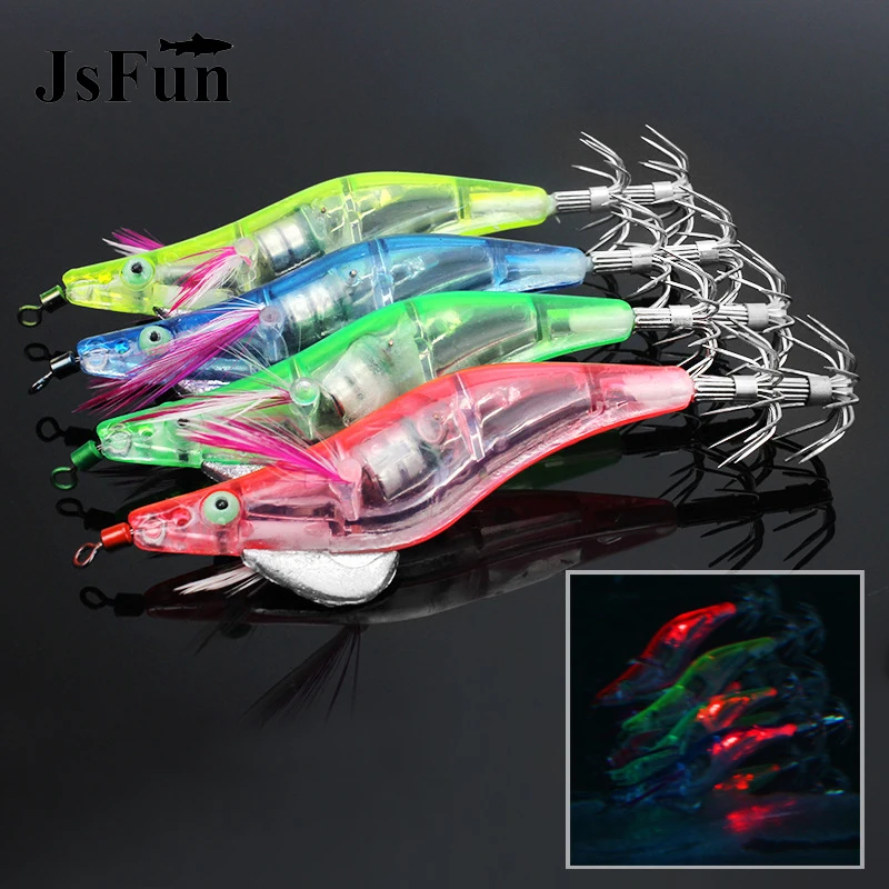 

JSFUN 1pcs LED Electronic Shrimp Lure 9.5cm 13g Luminous Squid Hook Squid Jig Lure Night Fishing Tackle Accessory FU415