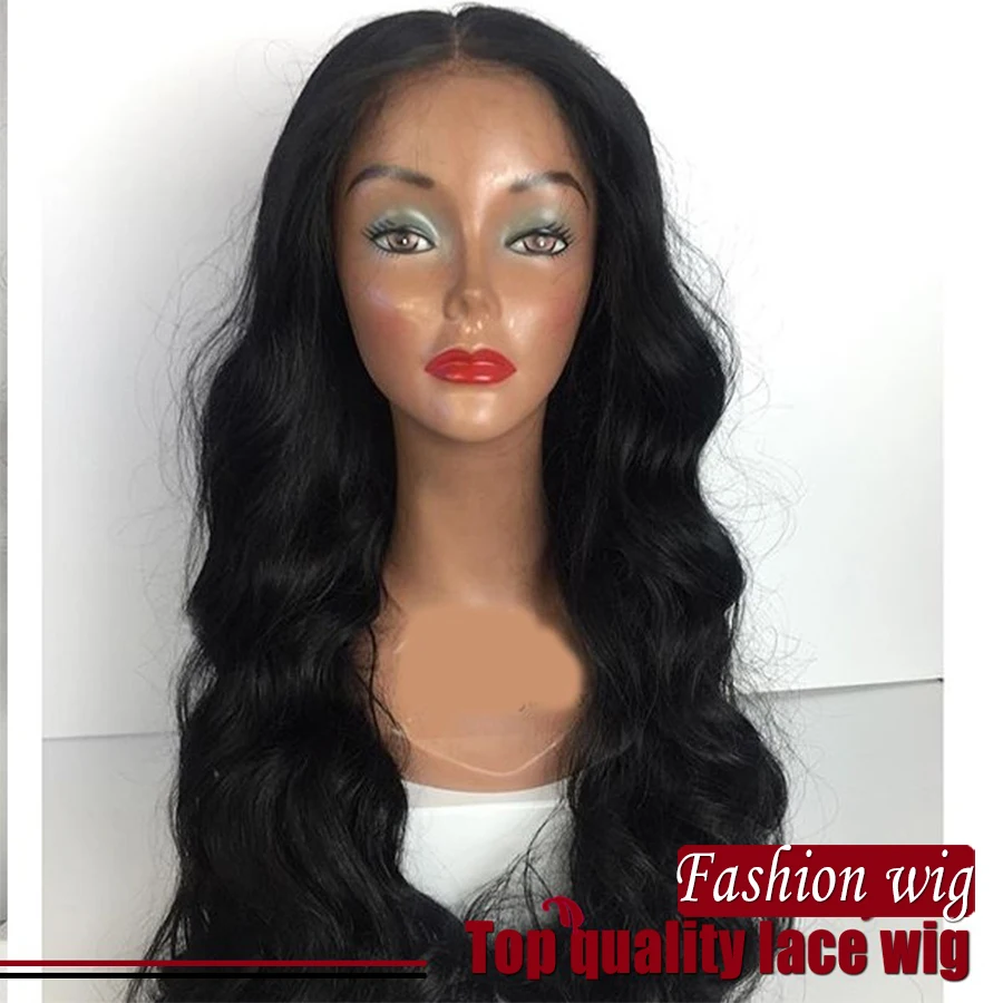 New Wholesale Premium Brazilian Body Wave Wigs Middle Part Black Synthetic Lace Front Wigs Heat