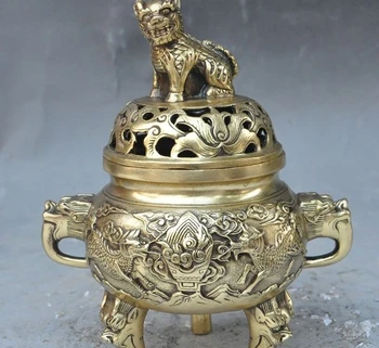 

7" Chinese brass fengshui Kirin beast dragon head statue incense burner Censer