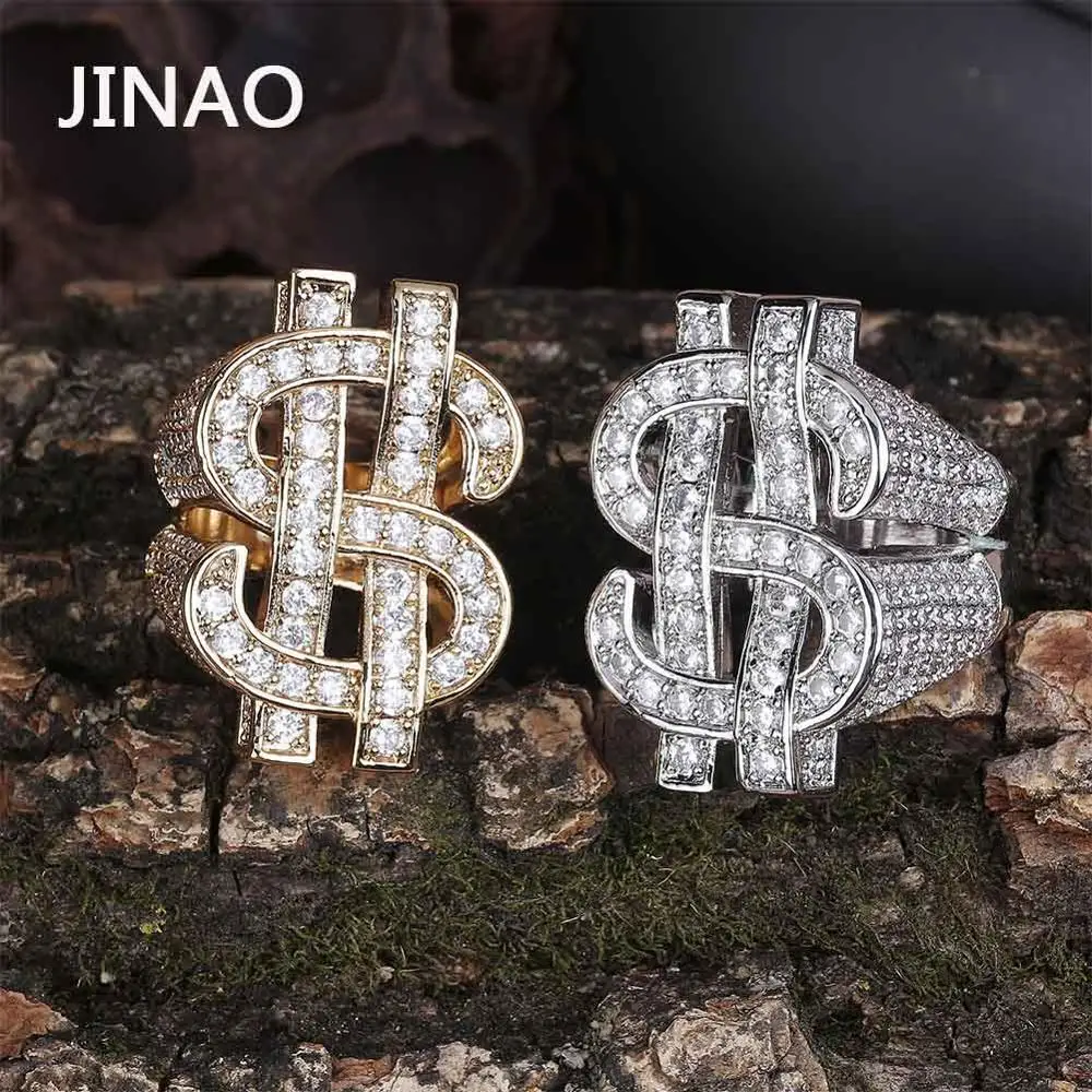 

JINAO Dollar Rings Micro Pave Cubic Zircon Ring All Iced Out Gold Color Plated Personality Fashion Hip Hop Jewelry For Men Gift