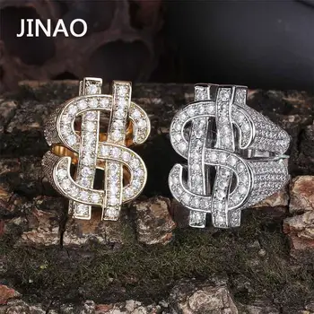 

JINAO Dollar Rings Micro Pave Cubic Zircon Ring All Iced Out Gold Color Plated Personality Fashion Hip Hop Jewelry For Men Gift