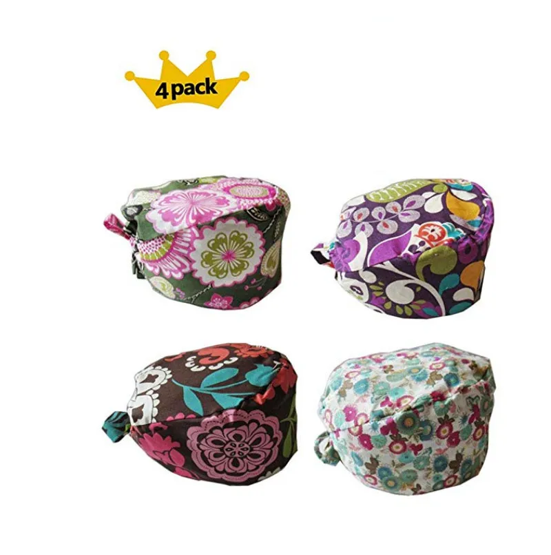 

2019 Promotion 4pcs pack doctor scrub caps women's surgical hats with sweatband for dental clinic working cap long hair cotton