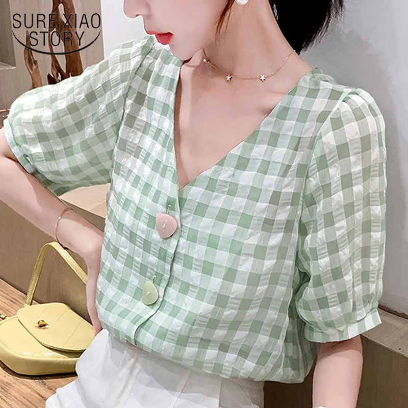women's summer blouses 2019 short sleeve plaid chiffon blouse women shirts v-neck ladies tops elegante women blouses 5007 50