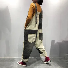 Широкие Свободные мешковатые штаны с перекрестными лямками и контрастным карманом на подтяжках; рваные джинсовые брюки в стиле панк; уличная одежда; комбинезоны; женские комбинезоны