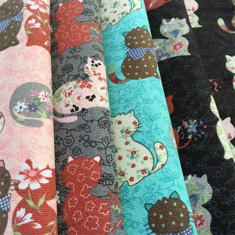 

90 x 140 cm 4 colors polyester cotton cute cat printed canvas fabric for pillows cushions desk cloth and other craft sewing
