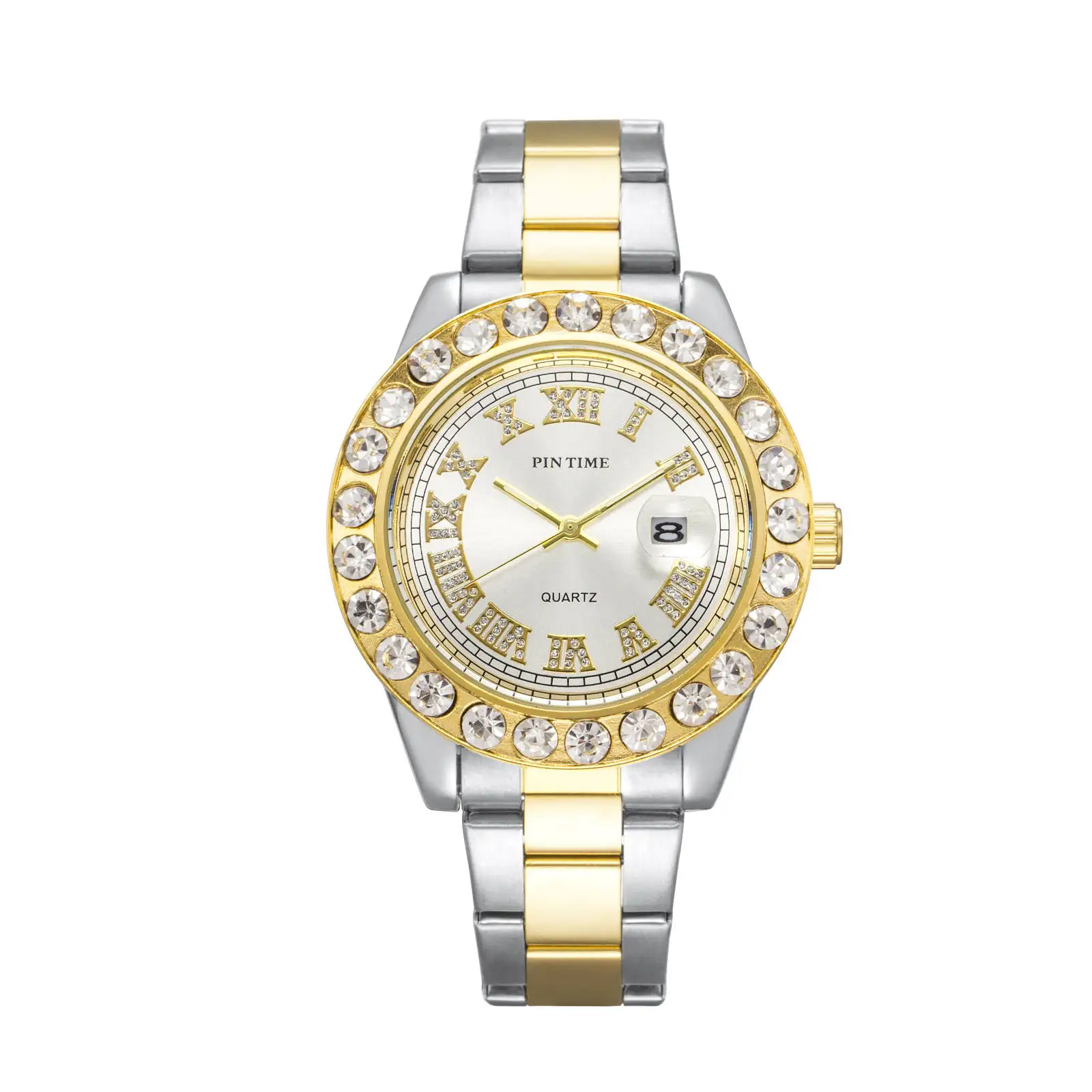 

Mens Fashion Shinning Big Diamond Watch Roman Numeral Dial Men Quartz Movement Sport Watch Luxury Wristwatch Wholesale
