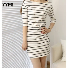 YYFS 2019 Summer Long T shirt women striped Tight t-shirt women Casual O-neck vintage tee shirt femme camisetas mujer plus size casual scoop neck striped twisted t shirt for women