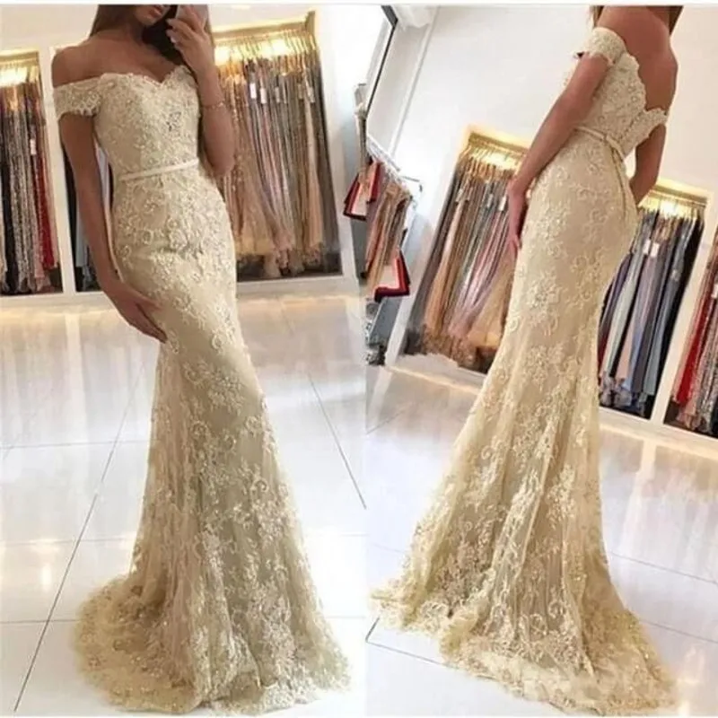 

Champagne Evening Dresses Mermaid Tulle Cap Sleeves Lace Aplique Buttons Back Long Prom Gown