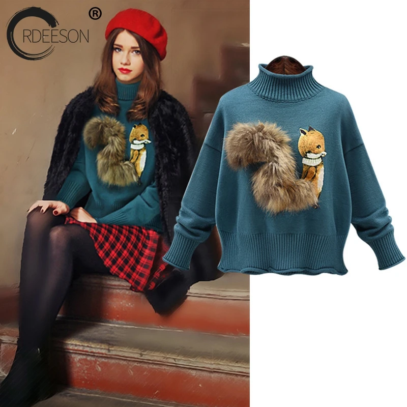 ORDEESON 3D Fox Fur Embroidery Vintage Turtleneck Fall 2017 Fashion Winter Women Sweaters and Pullovers Jumper Knitted Sweater | Женская