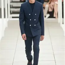 Модные темно-синие двубортные смокинги для жениха Мужские в английском стиле костюмы для свадебной вечеринки тонкий мужской деловой костюм(куртка+ брюки