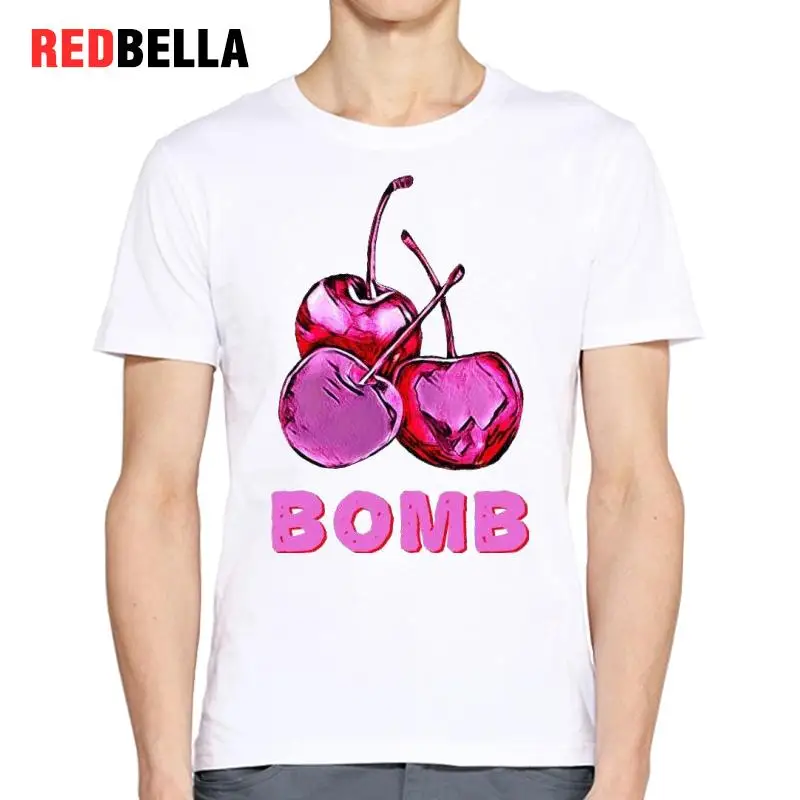 Redbella корейский стиль ulzzang футболка Для мужчин 2017 Cherry Bomb Hipster Прохладный ежедневно