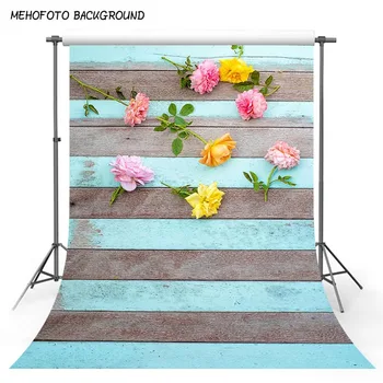 

Photography Backgrounds 5x7 Blue Grey Woodboard Photo Backdrop Newborn Blooming Flowers Baby Shower Photocall Custom Photo Props