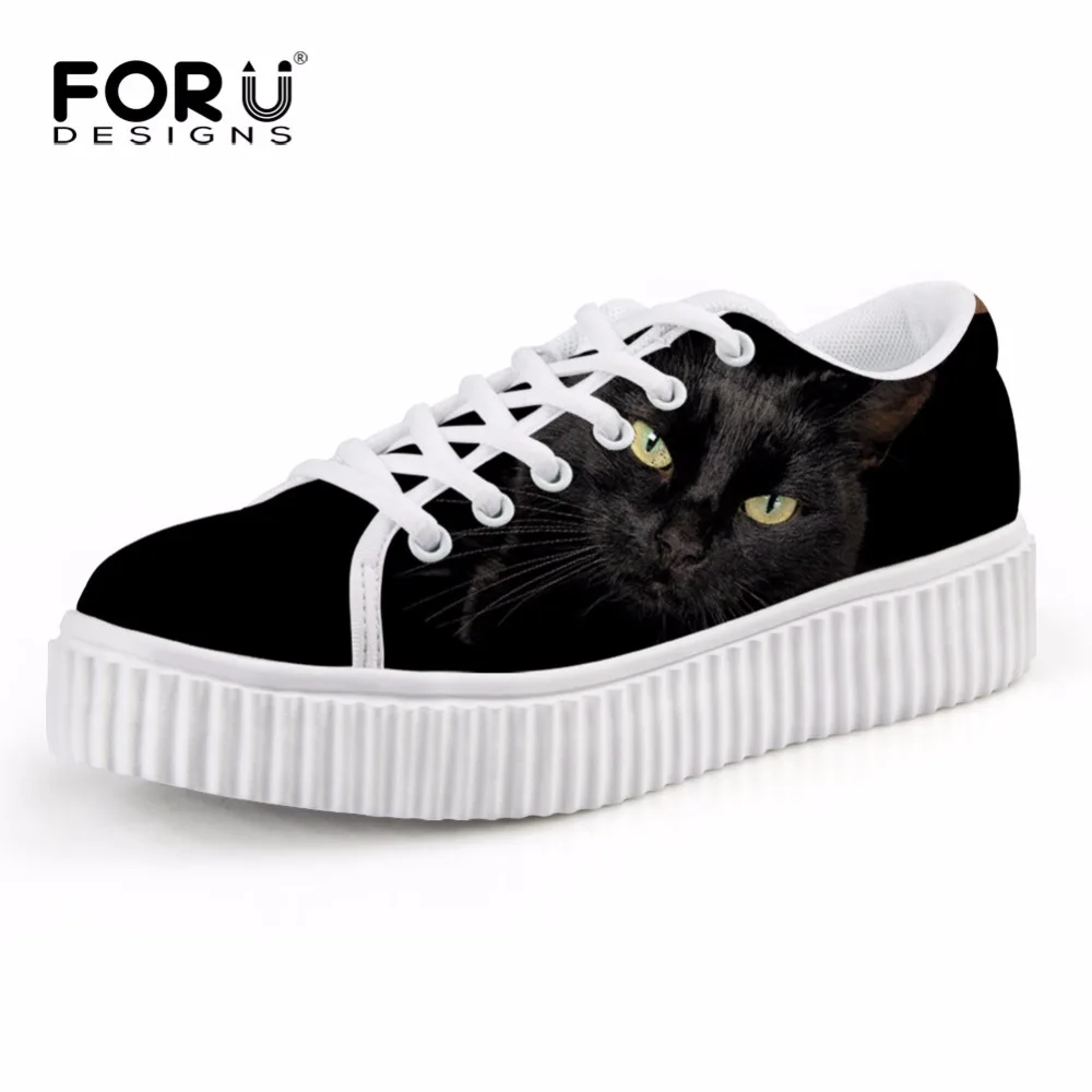 FORUDESIGNS Fashion Women Platform Shoes 3D Animal Black Cat Flat Shoes