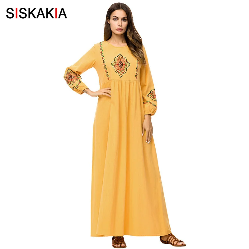 

Siskakia Womens long dress Vintage ethnic Embroidery maxi dresses high waist swing Autumn dress 2018 plus size 4XL urban Casual