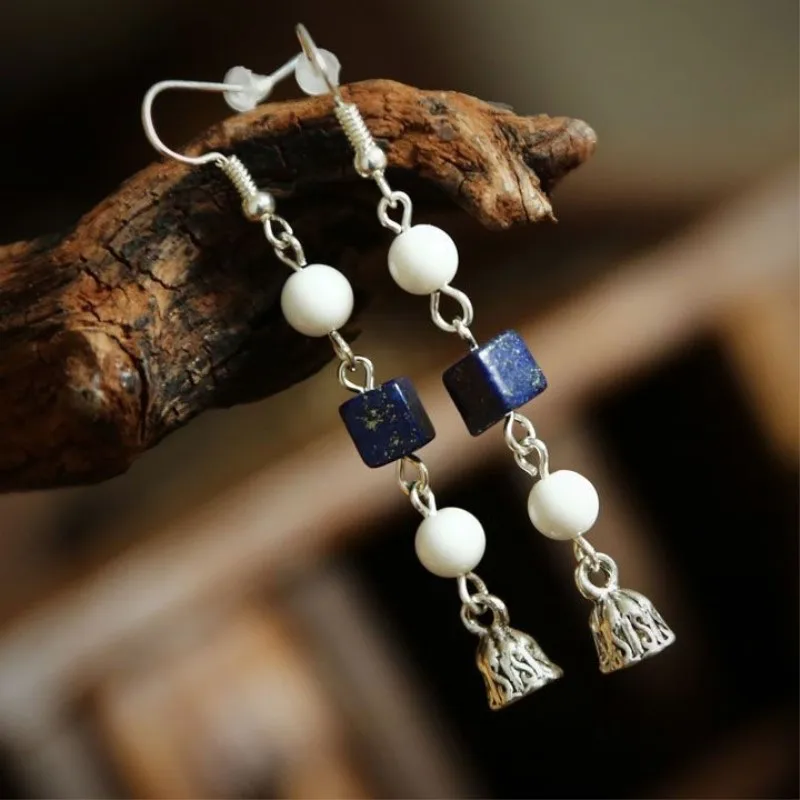 

Gorgeous Multielement Natural Lapis Lazuli and Tridacna Stone Beads Lotus Seeds Original S925 Silver Long Earrings