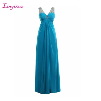 

Linyixun Real Photo Blue Evening Dresses 2017 Deep V Neck Chiffon Beaded Elegant Long Formal Prom Dresses Robe De Soiree
