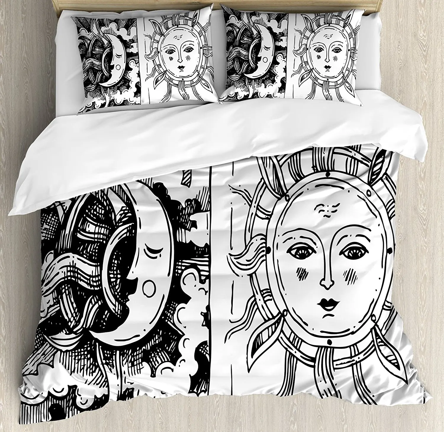 Sun And Moon Duvet Cover Set Decorative Frames With Sketchy Sun