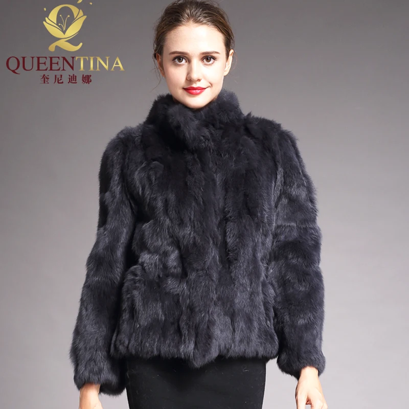 Meilleur 2019 haute qualité réel fourrure manteau mode véritable lapin fourrure pardessus élégant femmes hiver Outwear col montant lapin fourrure veste