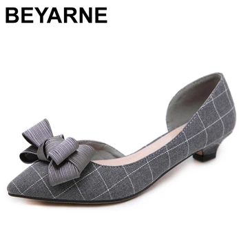 

BEYARNE 2019Autumn Women Retro Low Heels Shoes Woman Fashion Bow-knot Pointed Toe Side Hollow Sexy Party Wedding Pumps 35-42E091