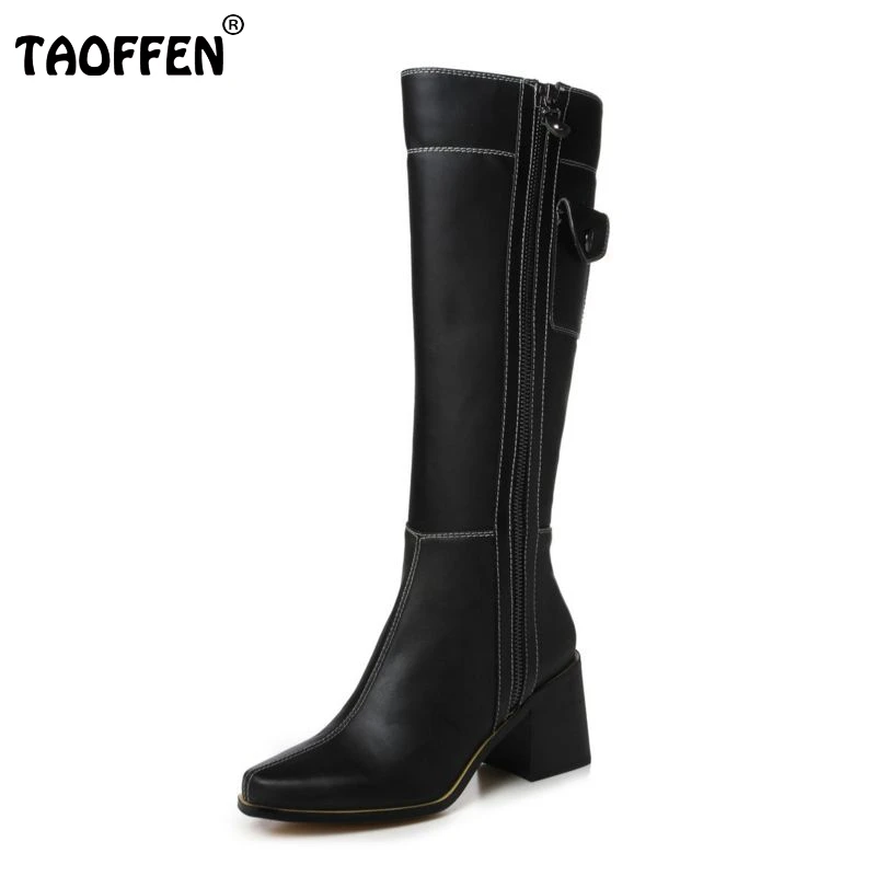

Women Genuine Leather Knee Boots Woman Square Heel Zipper Heels Shoes Stylish Square Toe Botas Femininas Size 34-39