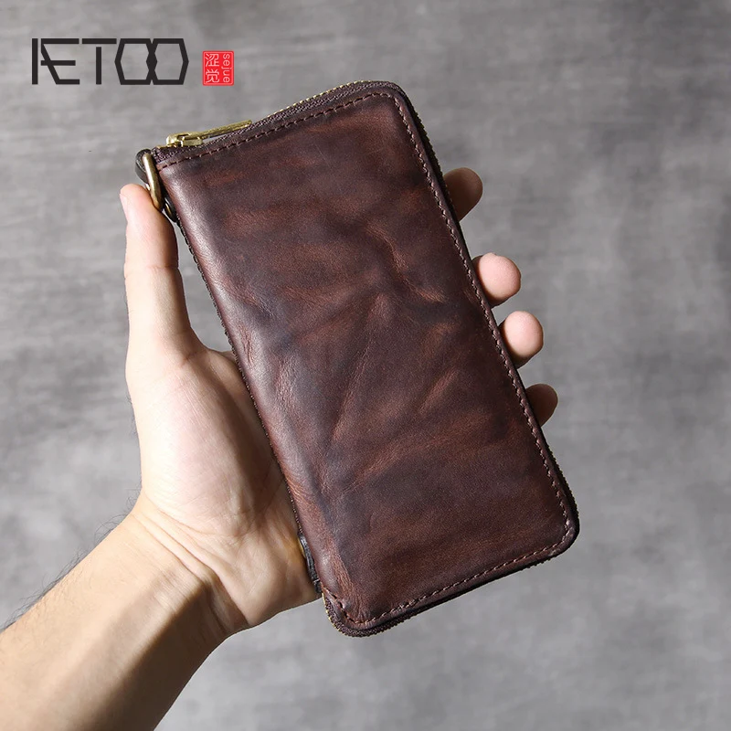 

BJYL Retro do old multifunctional long wallet head layer cowhide hand bag male and female leather mobile phone bag