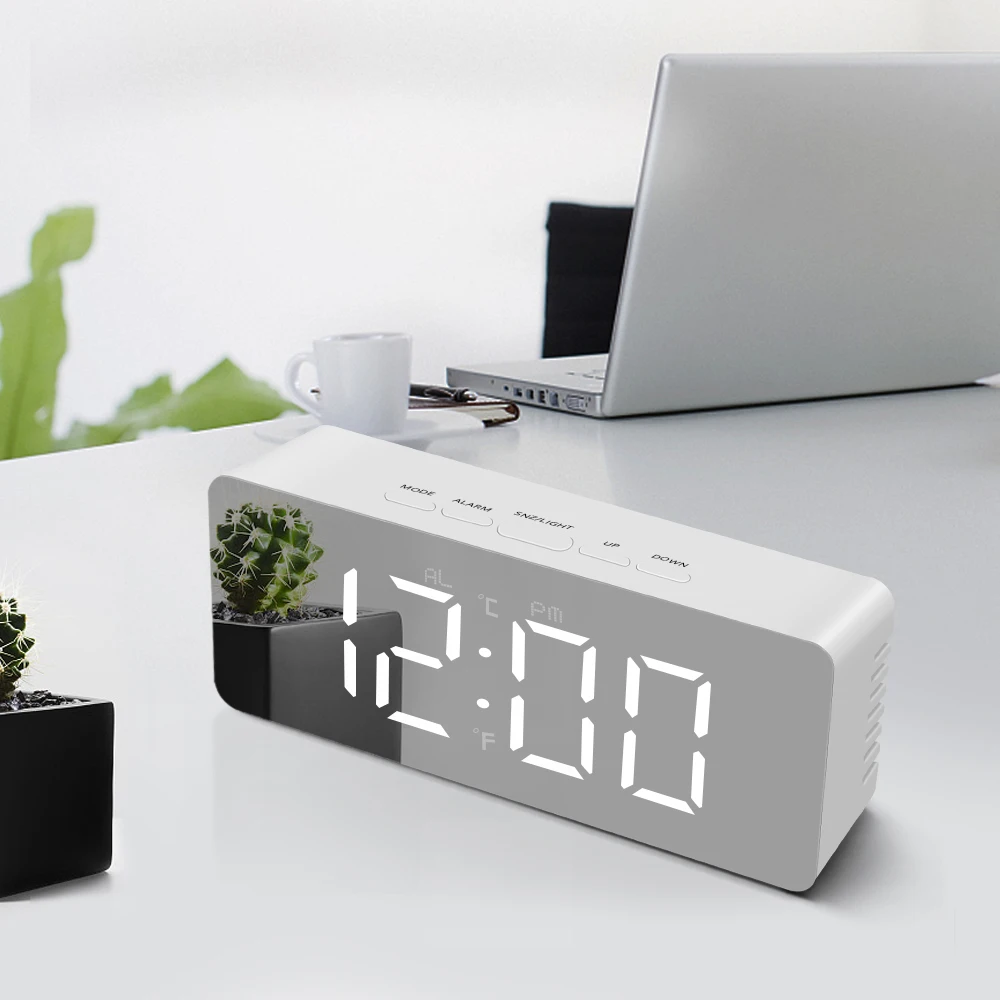 

Snooze Electronic Alarm Clock LED Digital Mirror Luminous LED Alarm Clocks Desk Table Office Home Decor Thermometer Time Display
