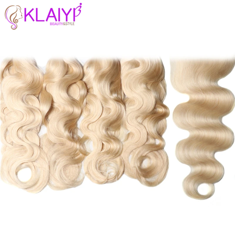 Klaiyi волосы бразильские человеческие пучки с закрытием #613 волнистые Remy Weave 4 пучка