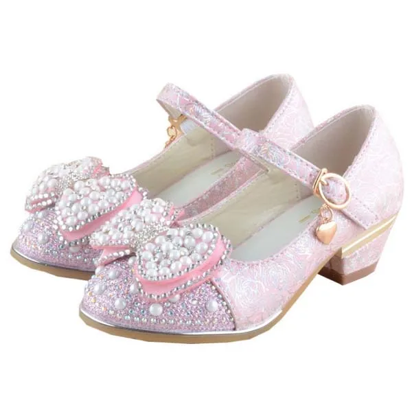 Новые детские туфли для девочек, школьные вечерние туфли принцессы, свадебные туфли с цветами, детские кожаные туфли, модные туфли на высоком каблуке - Цвет: Розовый