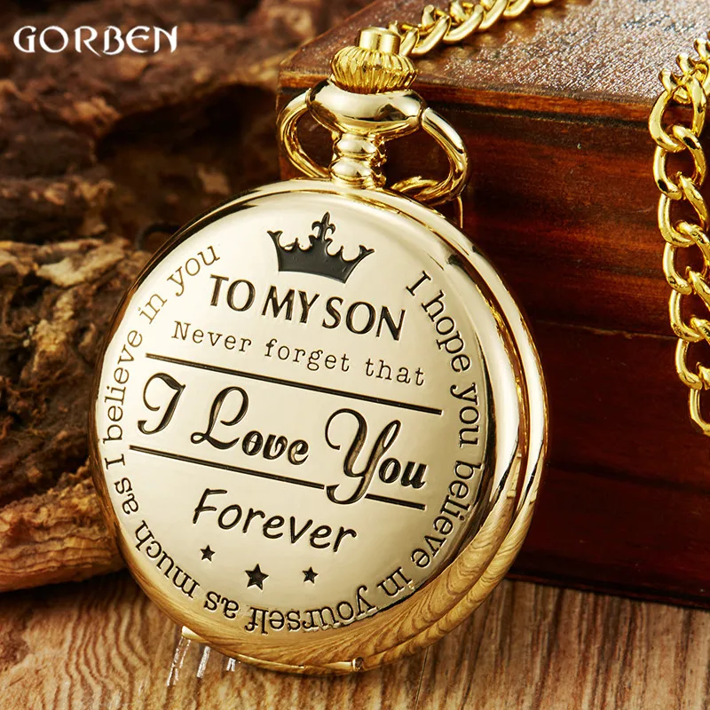 

Best Gifts To My Son I Love You Son Girls Boys Present Luxury Gold Steampunk Pocket Watch FOB Chain For Necklace Pendant Watche