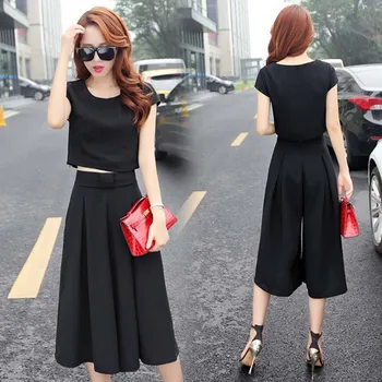 

Wide Leg Pants Suit Fashion Women Casual Jumpsuits Short Sleeve Tops Blouse Set