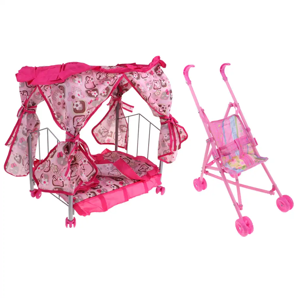 2 Set Folding Baby Crib Bed Stroller Kit Simulation Furniture Toy