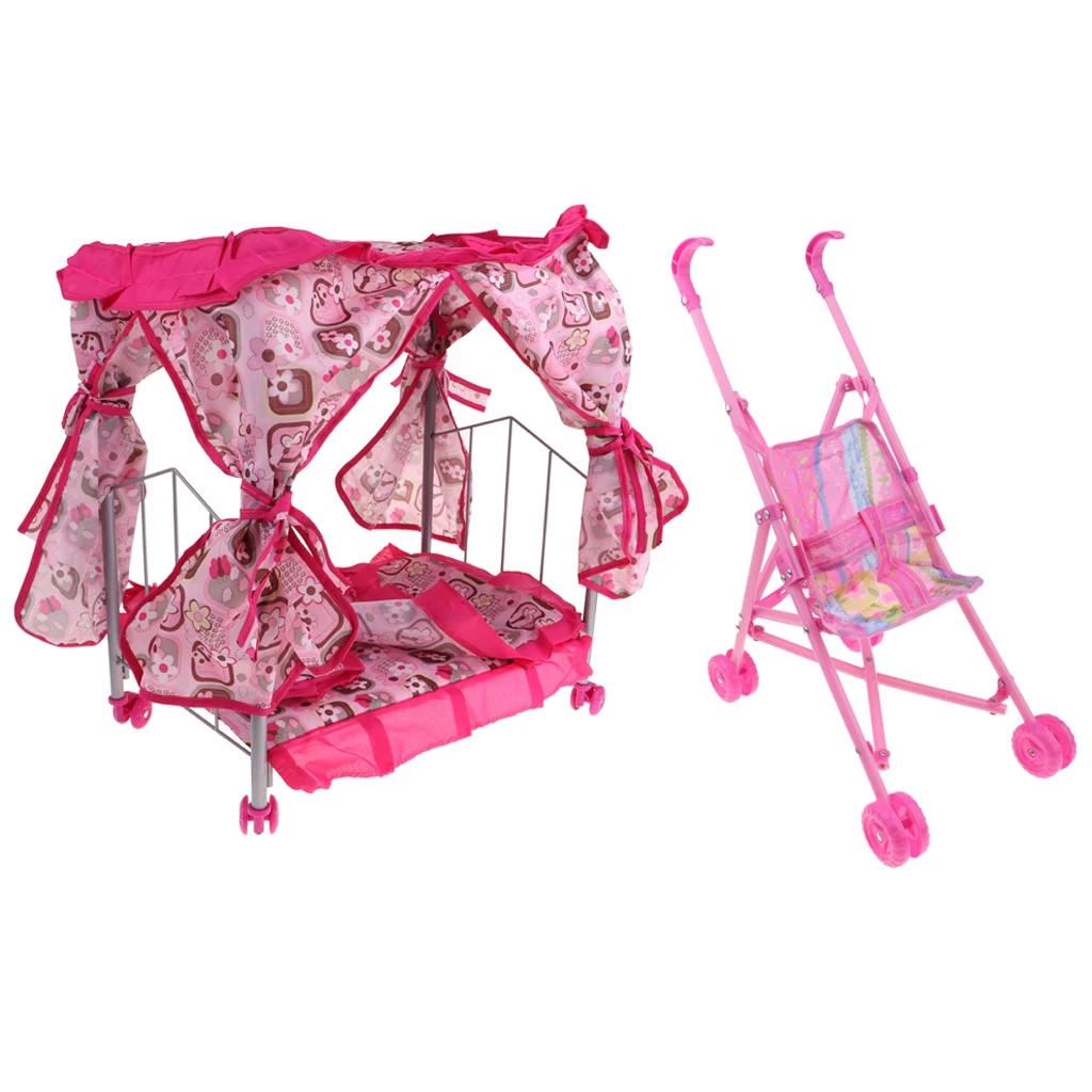 

2 Set Folding Baby Crib Bed Stroller Kit Simulation Furniture Toy for Reborn Doll for MellChan Baby Doll Kids Role Play