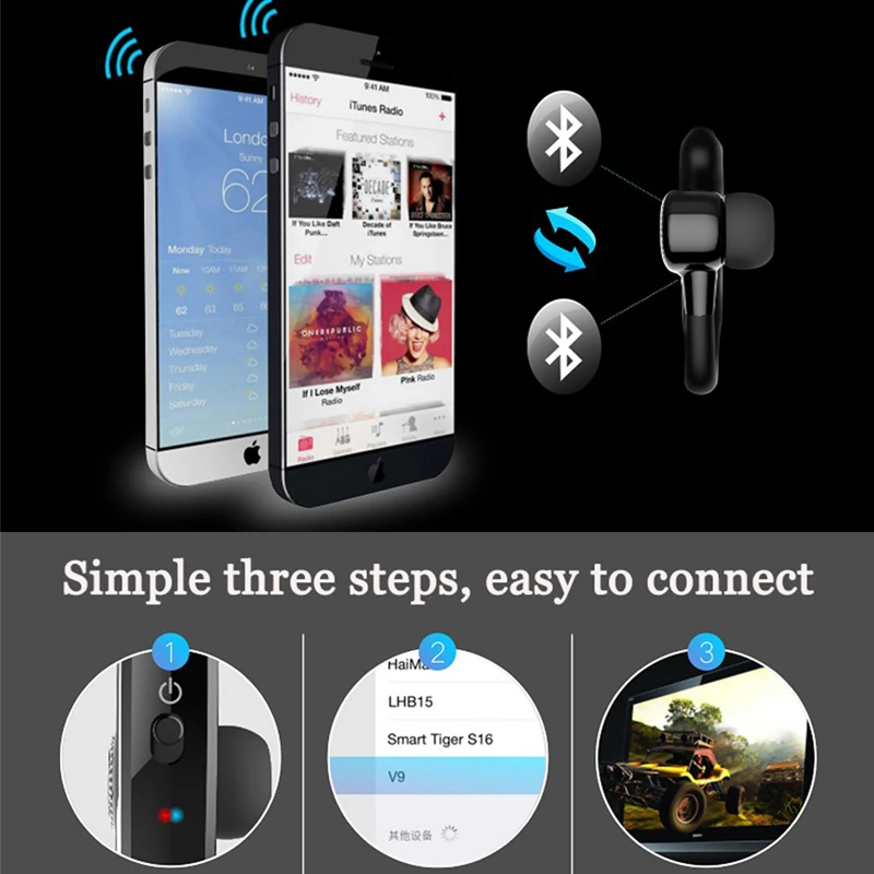Беспроводные Bluetooth наушники V9 CSR шумоподавляющие деловые с микрофоном спортивные