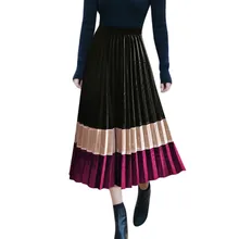 Горячая новинка дизайн во французском стиле юбка в складку свободный размер Женская контрастная цветная плиссированная юбка Эластичная Высокая Талия Макси юбка