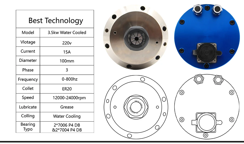 Metal working spindle 3.5kw ER20 water cooled spindle motor pole=4, 800Hz used for metal,copper,iron,stainless steel etc