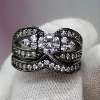 

Fashion Black gold Simulated Diamond CZ ring finger set 2-in-1 new design jewelry for women Engagement Wedding ring gift SZ 5-10
