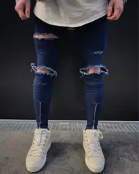 Горячая Мода 2019 г. Повседневное одноцветное темно синие джинсы хип хоп для мужчин's джинсы для женщин серый черный колено отверстие ноги