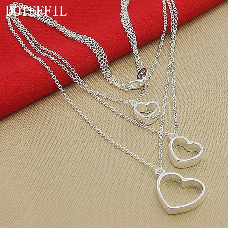 DOTEFFIL 925 Sterling Silver Three Hearts Pendant Necklace For Women Wedding Engagement Party Jewelry