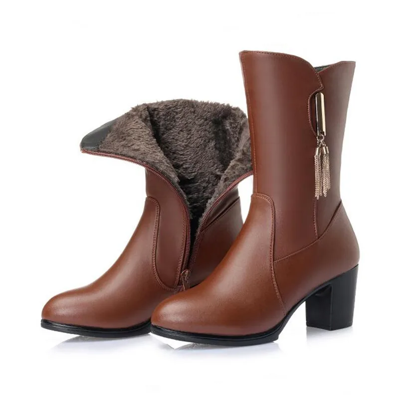 

Hot 2018 New Warm Comfortable Winter shoes Metal Thick Heel Real Leather Boots Women Boots Snow Boots Women Shoes Fashion Boots