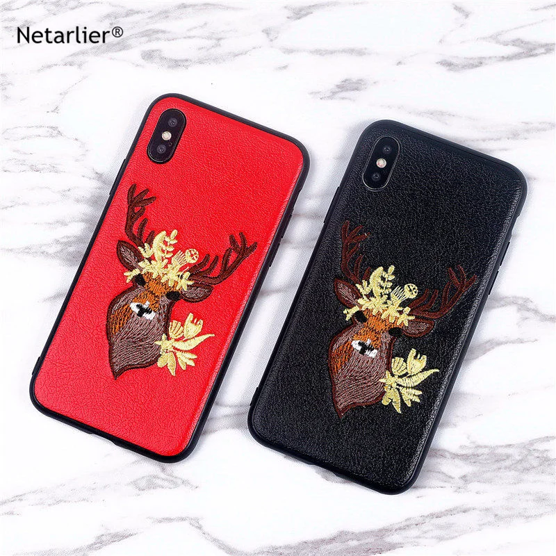For iphone X case cover Netarlier for 7 8 Back Soft Full Cover Case 6 6s plus Silicone Sika Deer Embroidery |