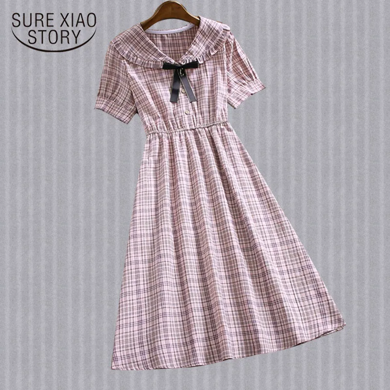 

2019 New Fashion Striped Short Sleeve A-line Women Dress Summer Vintage Bow Knee-Length Flare Sleeve Chiffon Dress Lady 4851 50