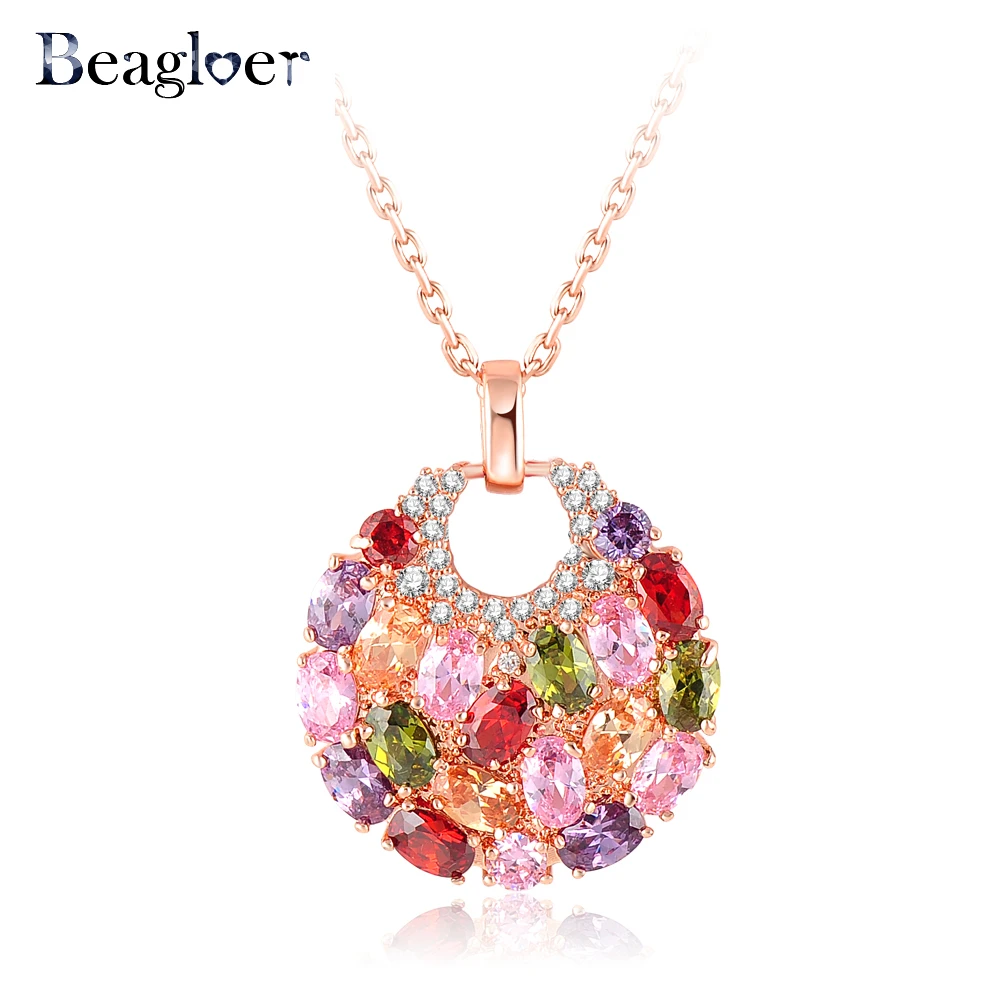 Beagloer Brand Trendy Round Shaped Pendant Necklace Rose Gold Color Multicolor Cubic Zirconia Inlay Female CNL0008-A | Украшения и